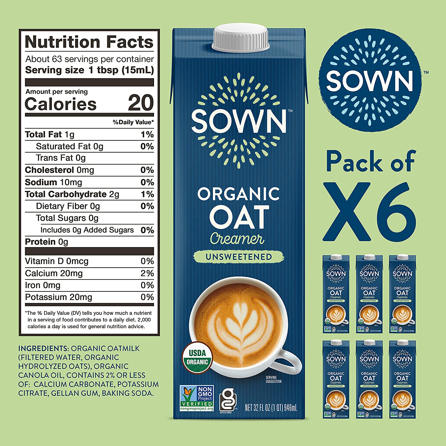 SOWN Organic Oat Creamer Unsweetened – Barista Oat Milk Non Dairy Coffee Creamer – Plant Based, Dairy-Free, Vegan, 0g Added Sugar, Gluten-Free, Non-GMO, Shelf Stable – 32oz (Pack of 6) - Image 6